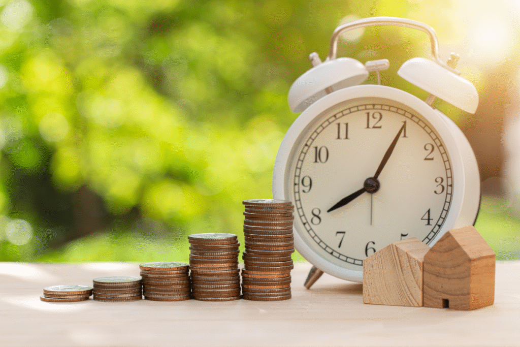 Stacks of coins leading to a clock and wooden houses representing timing and the housing market
