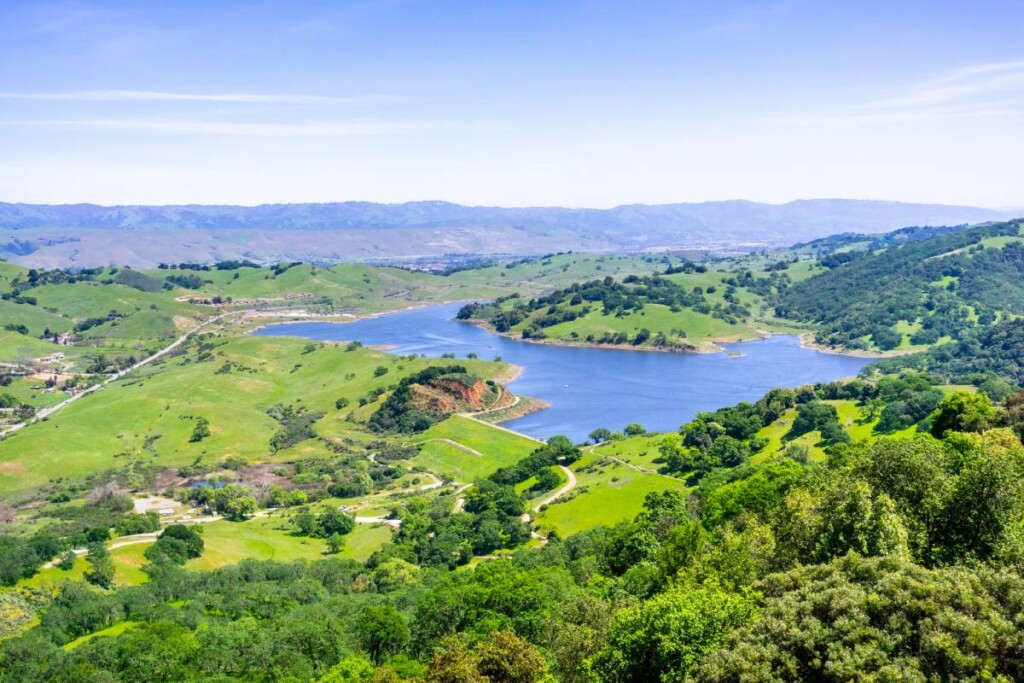 An aerial view of Calero Reservoir, representing Santa Clara County Real Estate