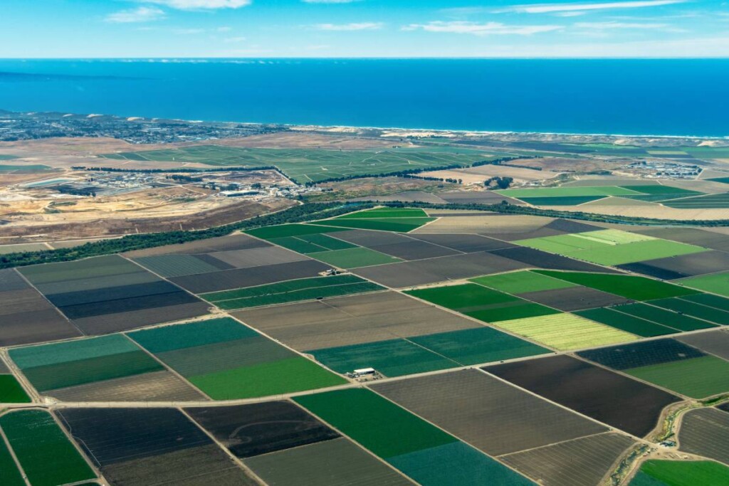 An aerial view of Salinas Valley farmland representing Monterey County land for sale